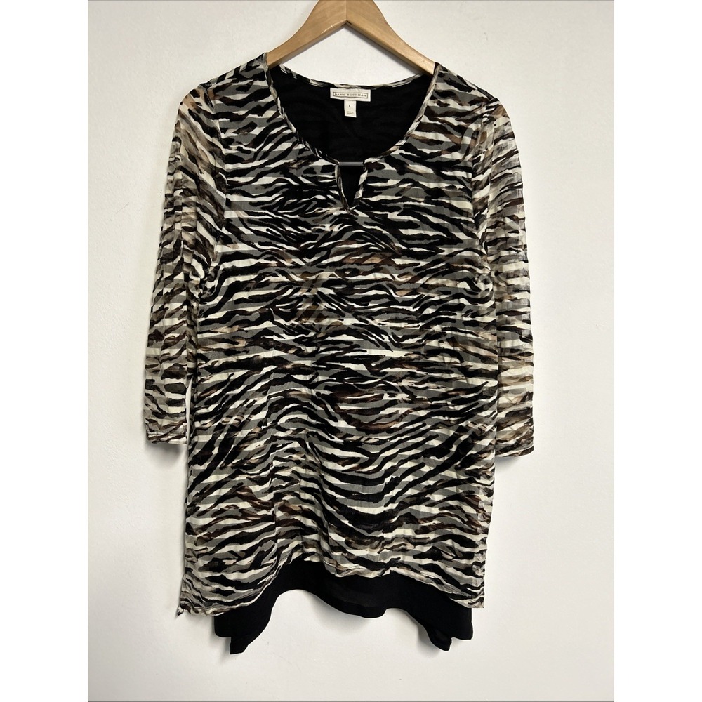 DANA BUCHMAN Womens Large Animal Print Sheer Lined Blouse Keyhole Sheer‎ Sleeve